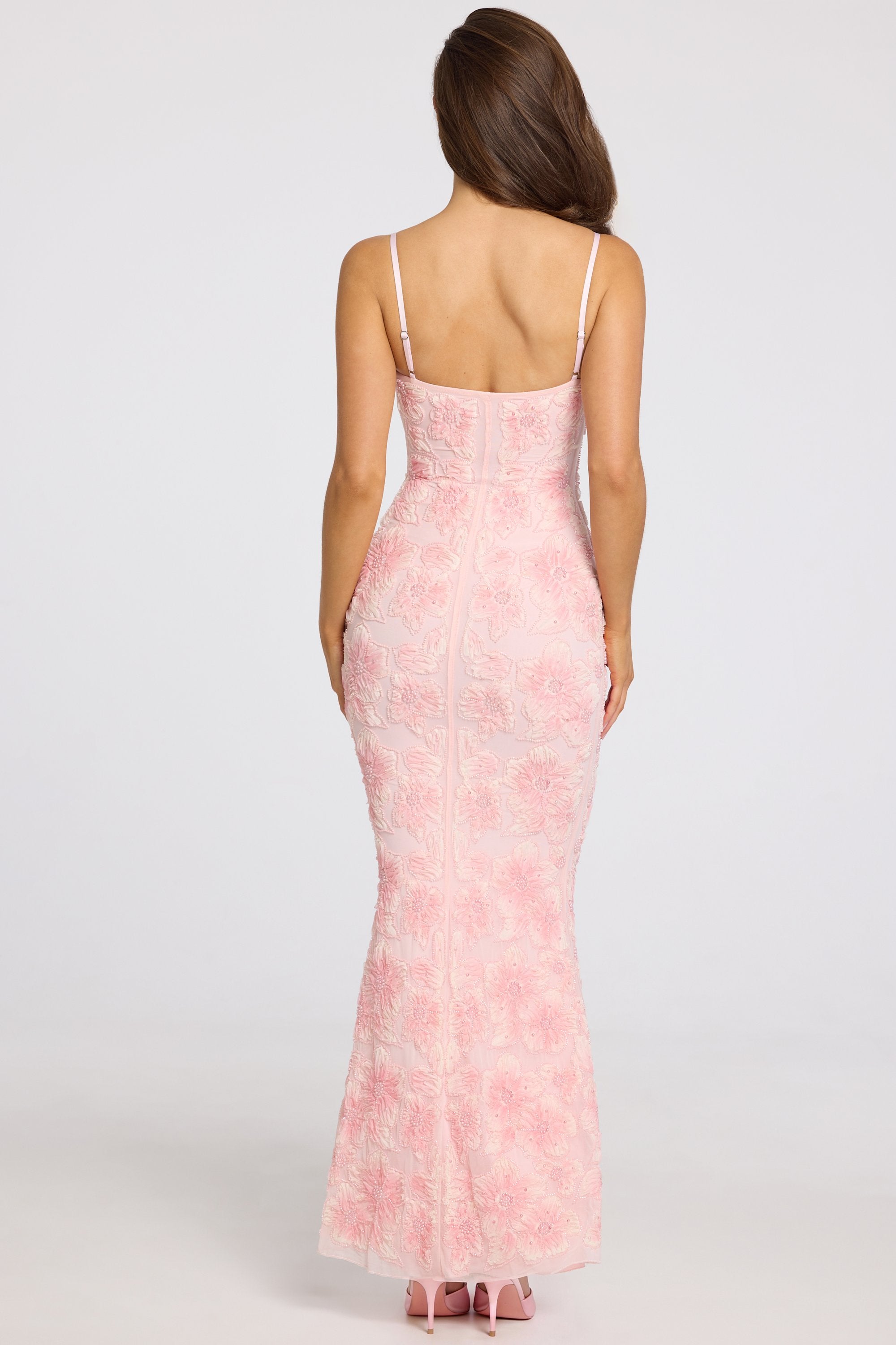 Embellished Square-Neck Maxi Dress in Soft Pink Ombre