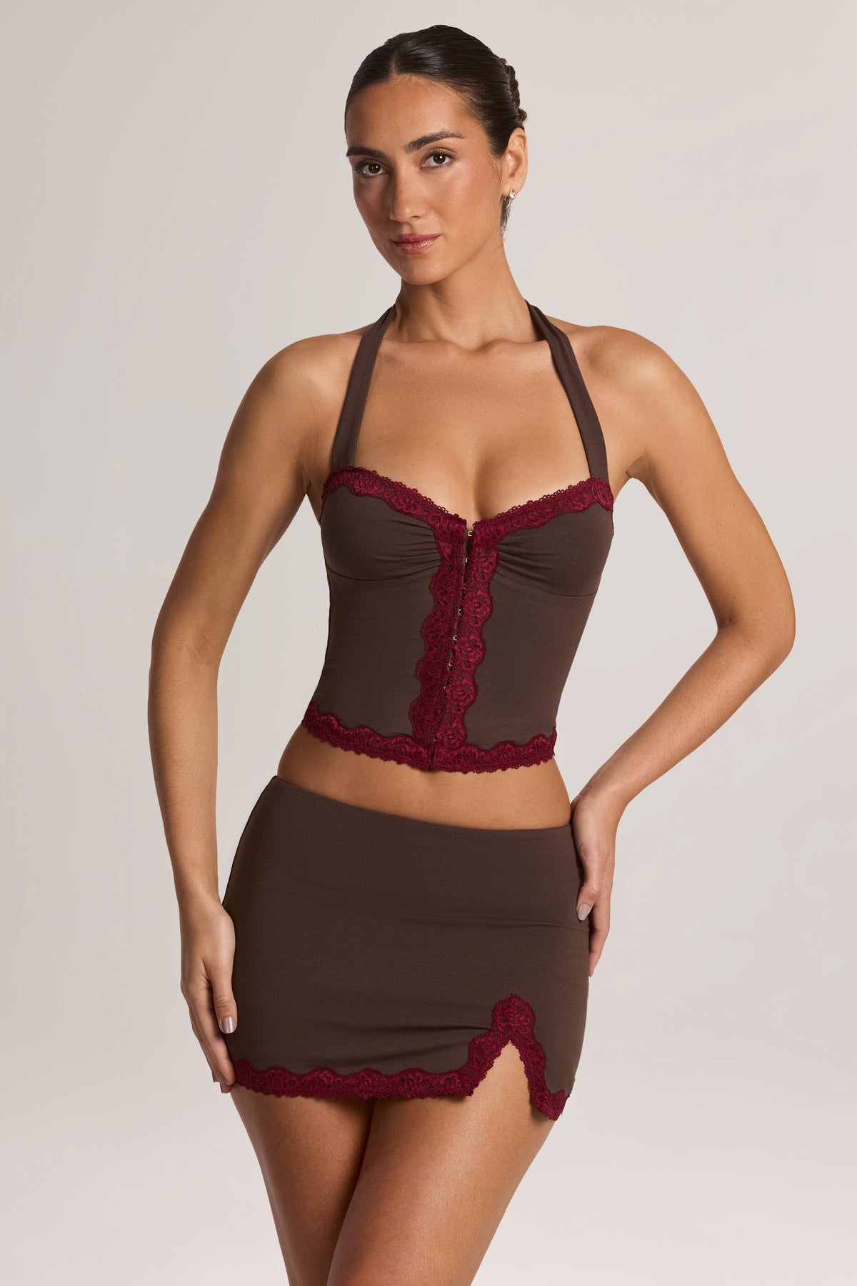 Modal Lace-Trim Low-Rise Mini Skirt in Chocolate Brown