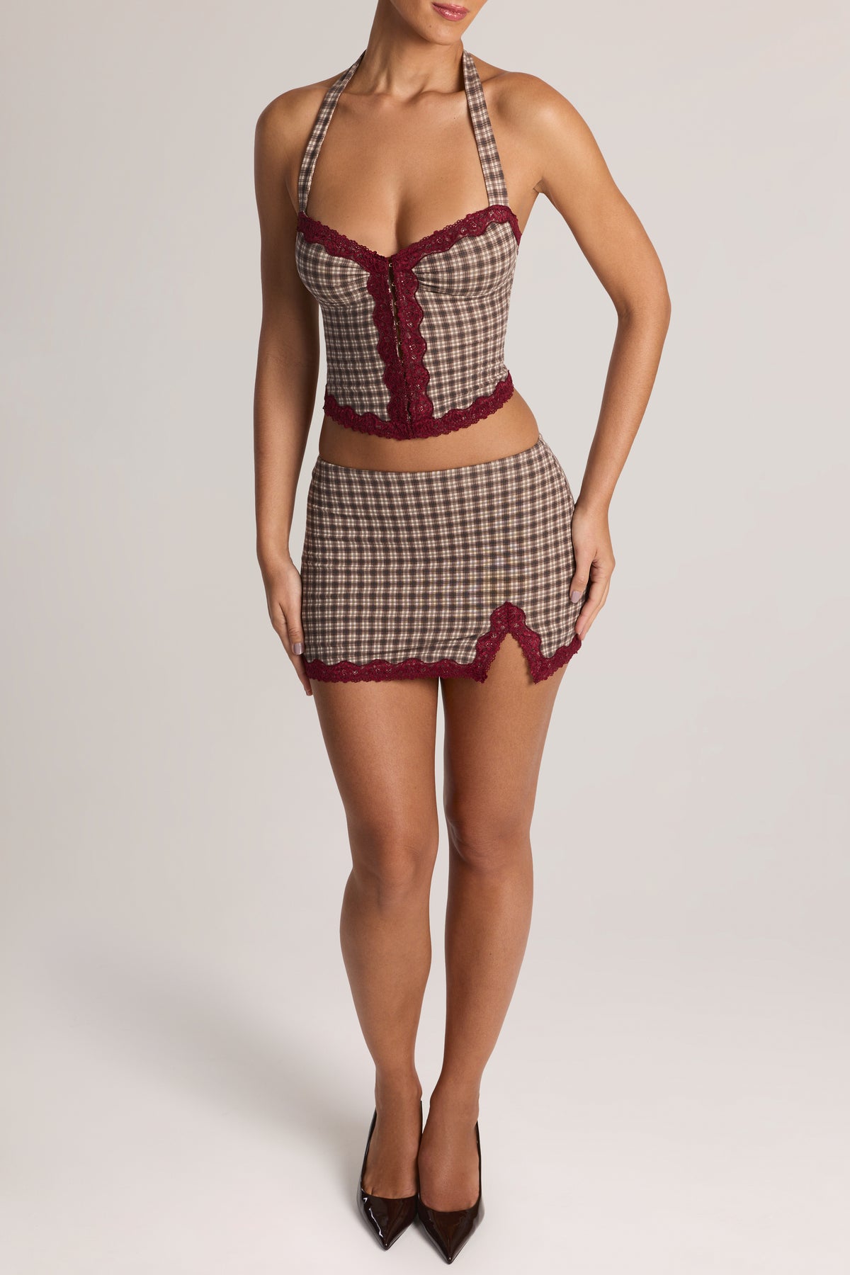 Modal Lace-Trim Low-Rise Mini Skirt in Square Check Print