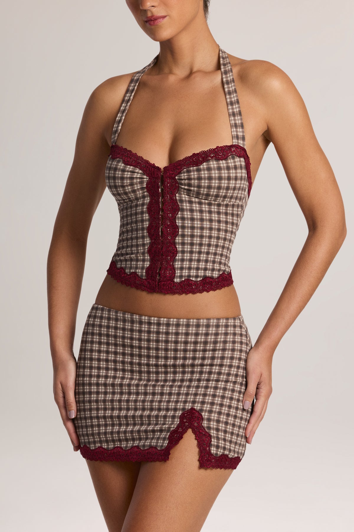 Modal Lace-Trim Low-Rise Mini Skirt in Square Check Print