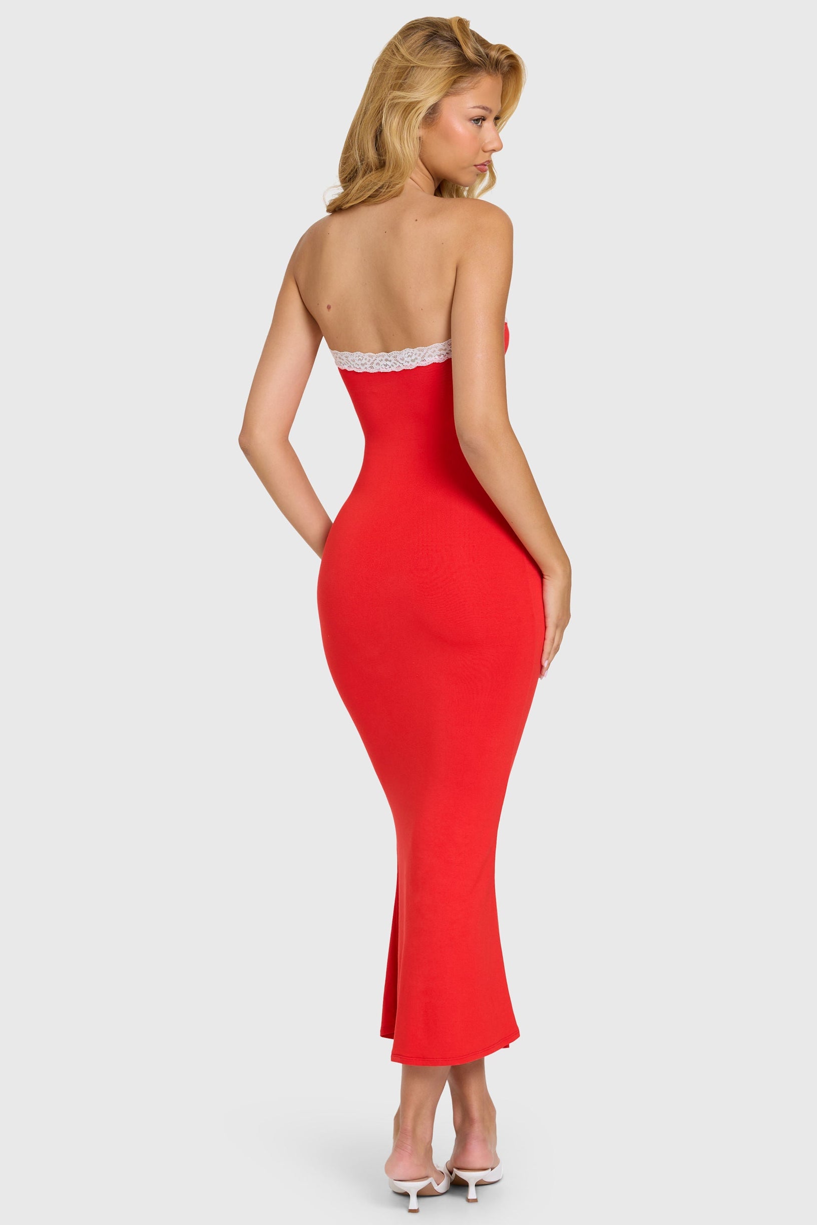 strapless flared hem midaxi dress Slinky Jersey Strapless A-Line Midaxi Dress in True Red - XXS