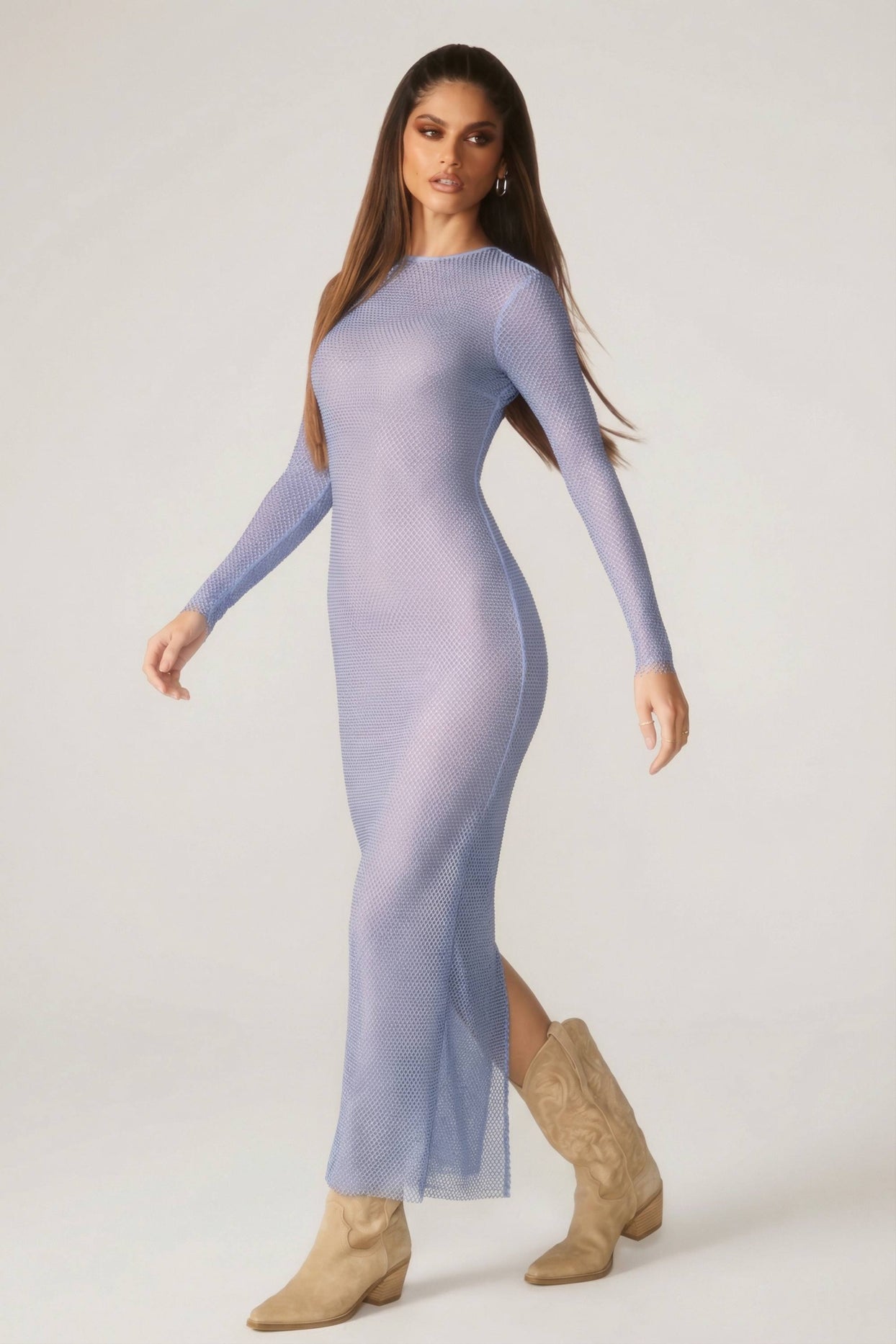 Embellished Long Sleeve Maxi Dress in Blue - 1