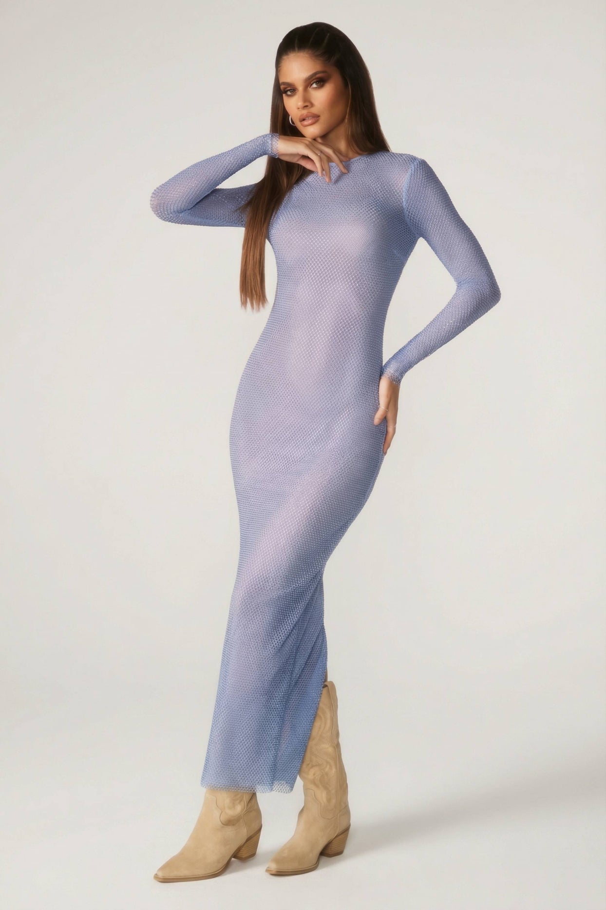 Embellished Long Sleeve Maxi Dress in Blue - 4