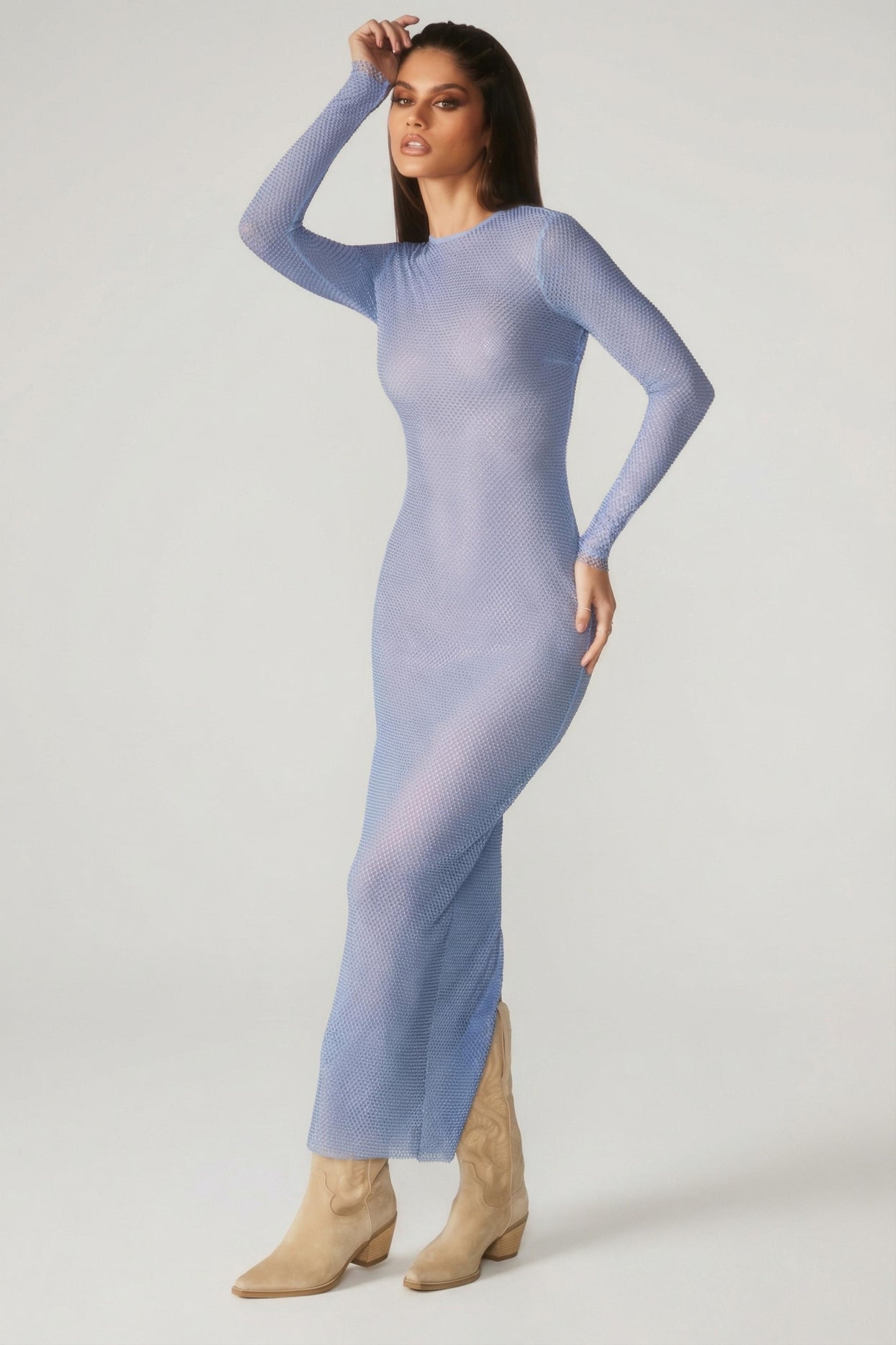Embellished Long Sleeve Maxi Dress in Blue - 6