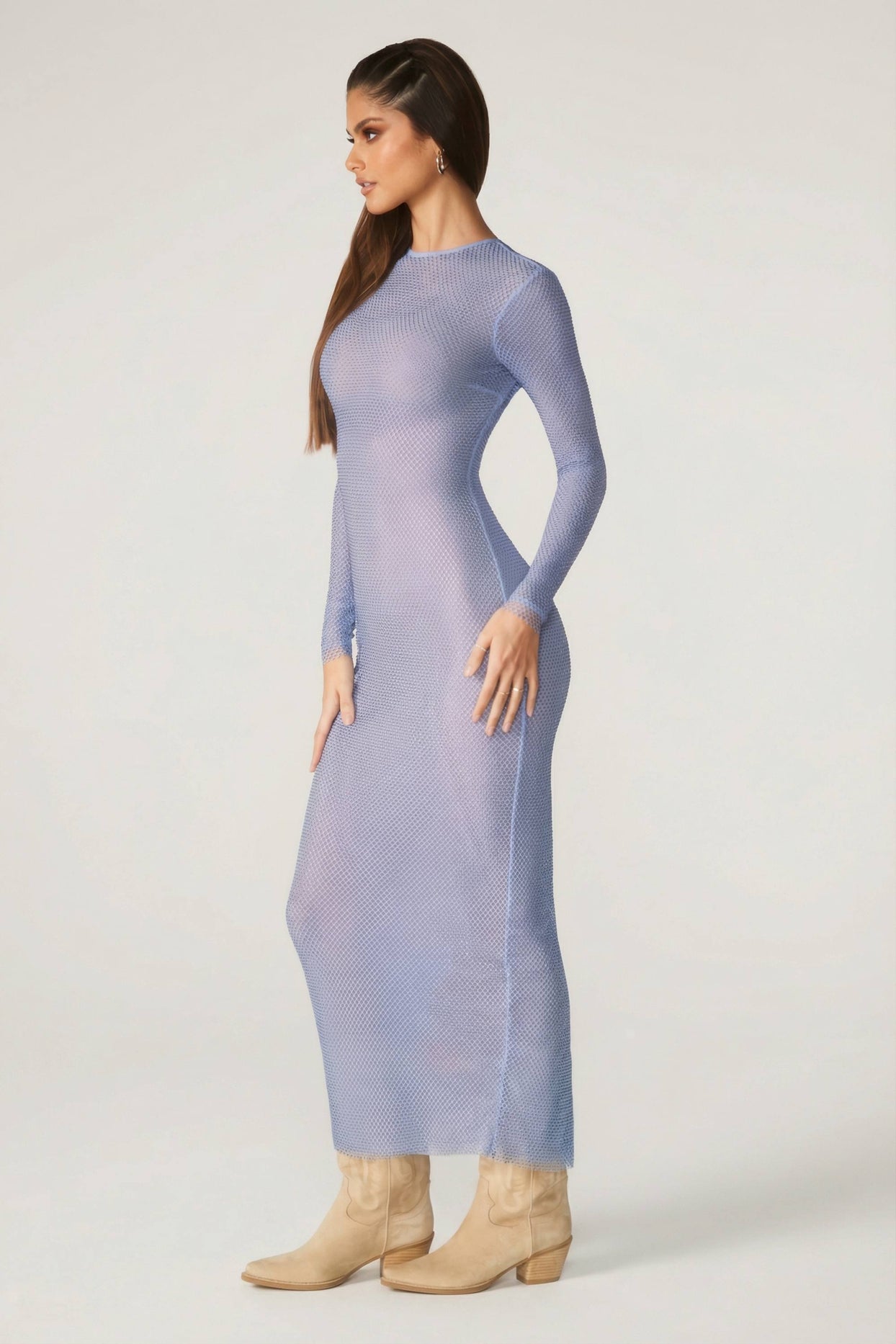 Embellished Long Sleeve Maxi Dress in Blue - 7