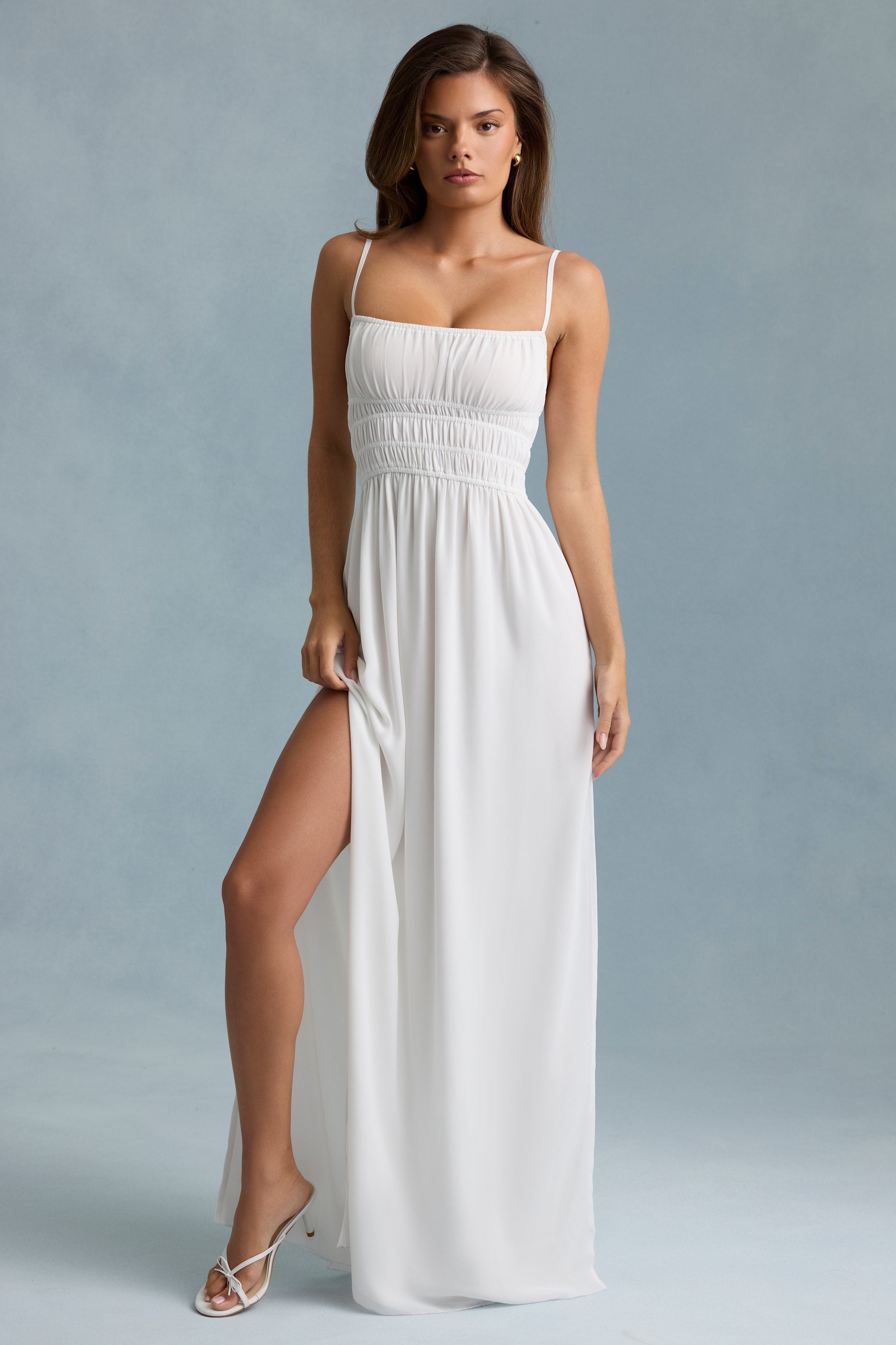 Olyssia Shirred Camisole Maxi Dress in White | Oh Polly Olyssia Shirred Camisole Maxi Dress in White | Oh Polly