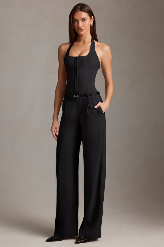 Corset-Detail Halterneck Jumpsuit in Black