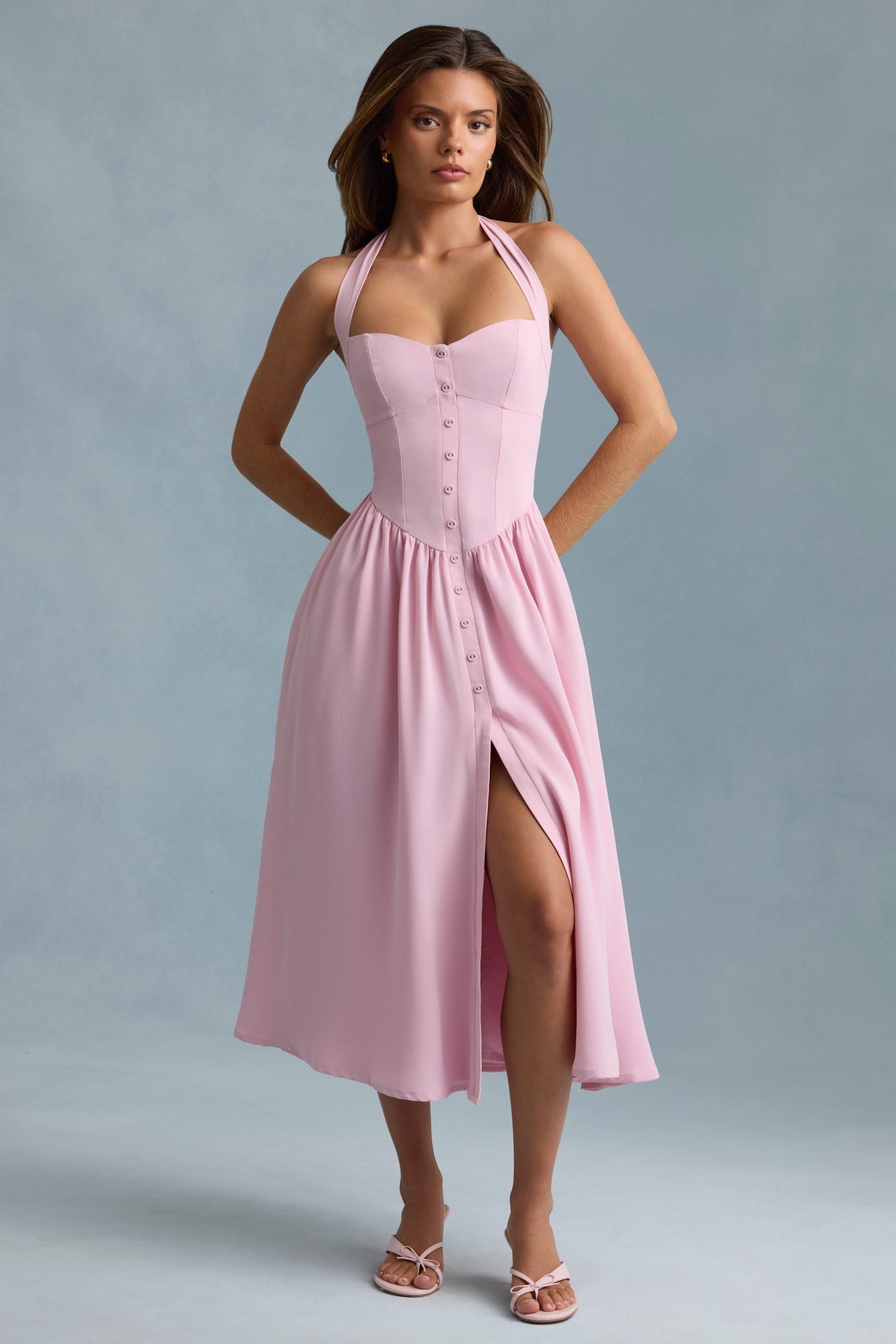 Orlena Button-Detail Halterneck Midaxi Dress in Soft Pink Oh Polly