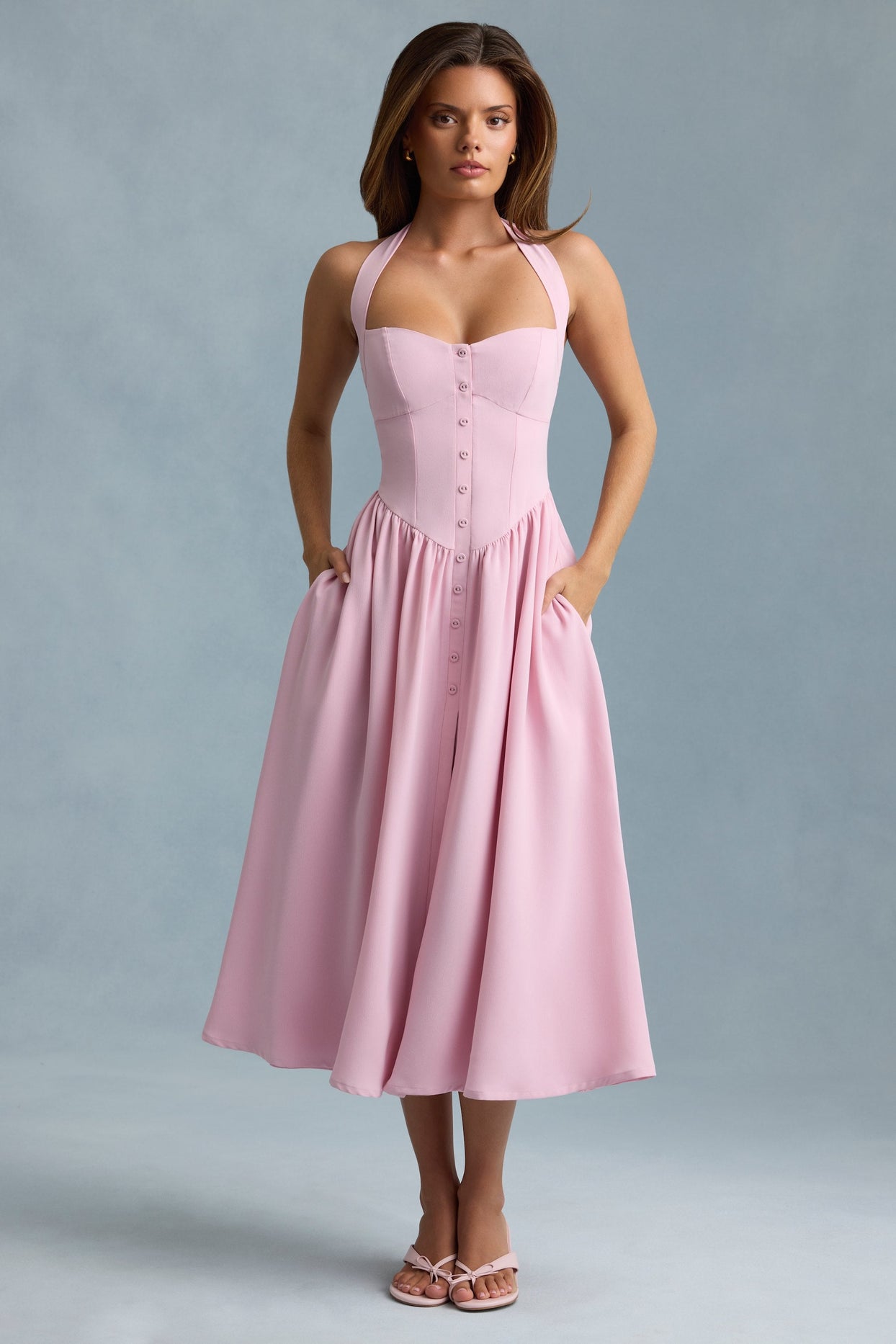 Button-Detail Halterneck Midaxi Dress in Soft Pink