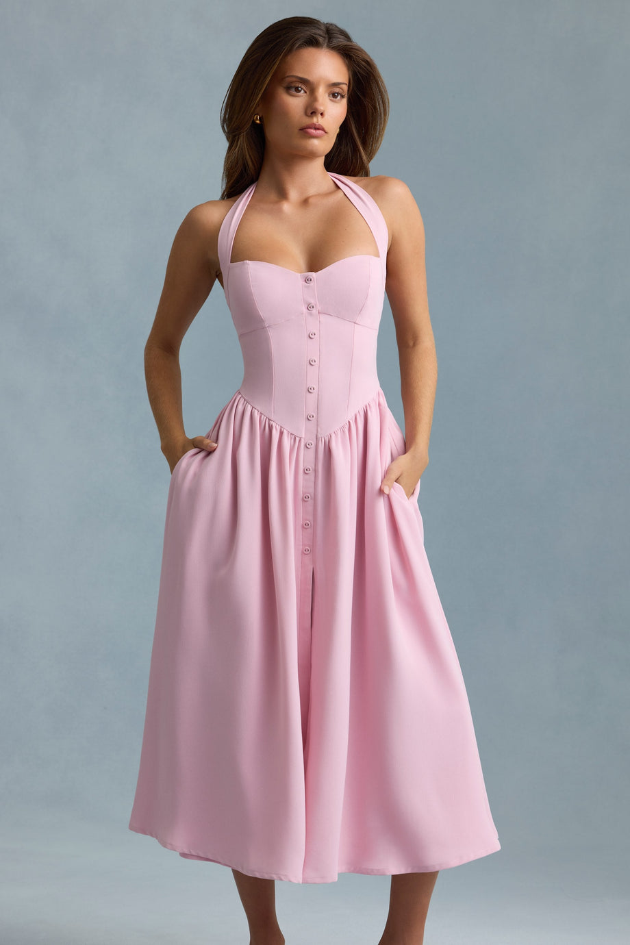 Button-Detail Halterneck Midaxi Dress in Soft Pink
