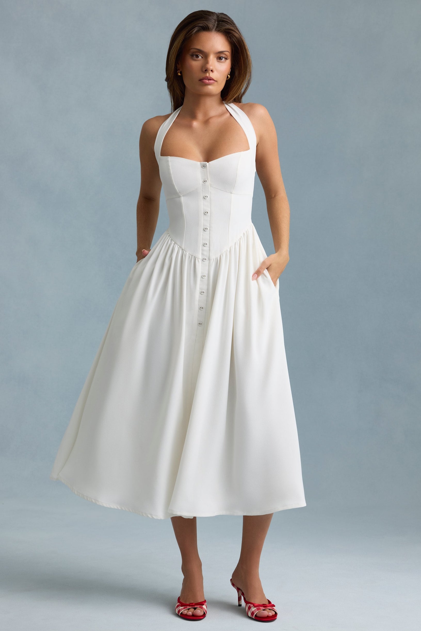 Button-Detail Halterneck Midaxi Dress in White - 1