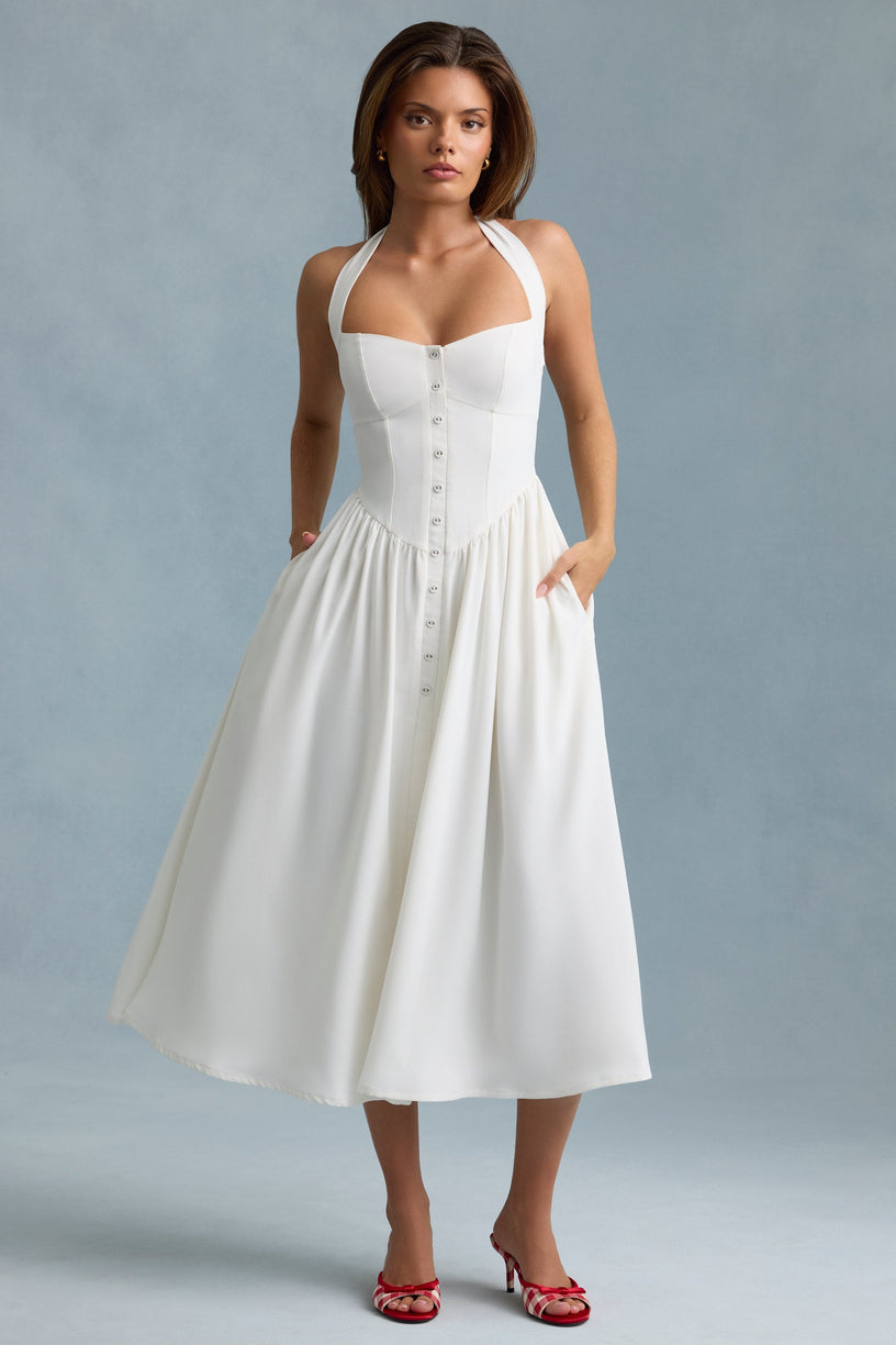 Button-Detail Halterneck Midaxi Dress in White - 1