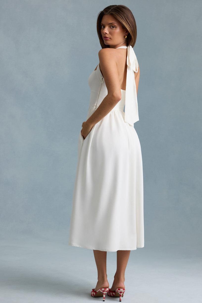 Button-Detail Halterneck Midaxi Dress in White - 2