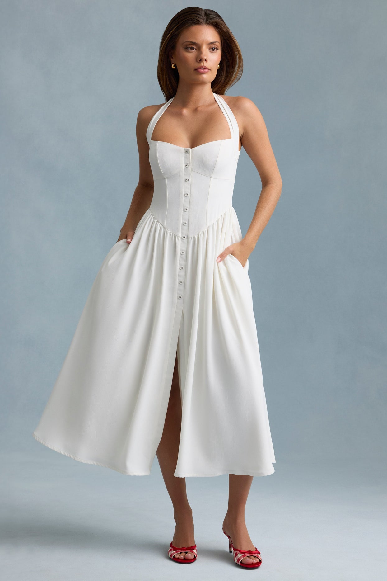 Button-Detail Halterneck Midaxi Dress in White