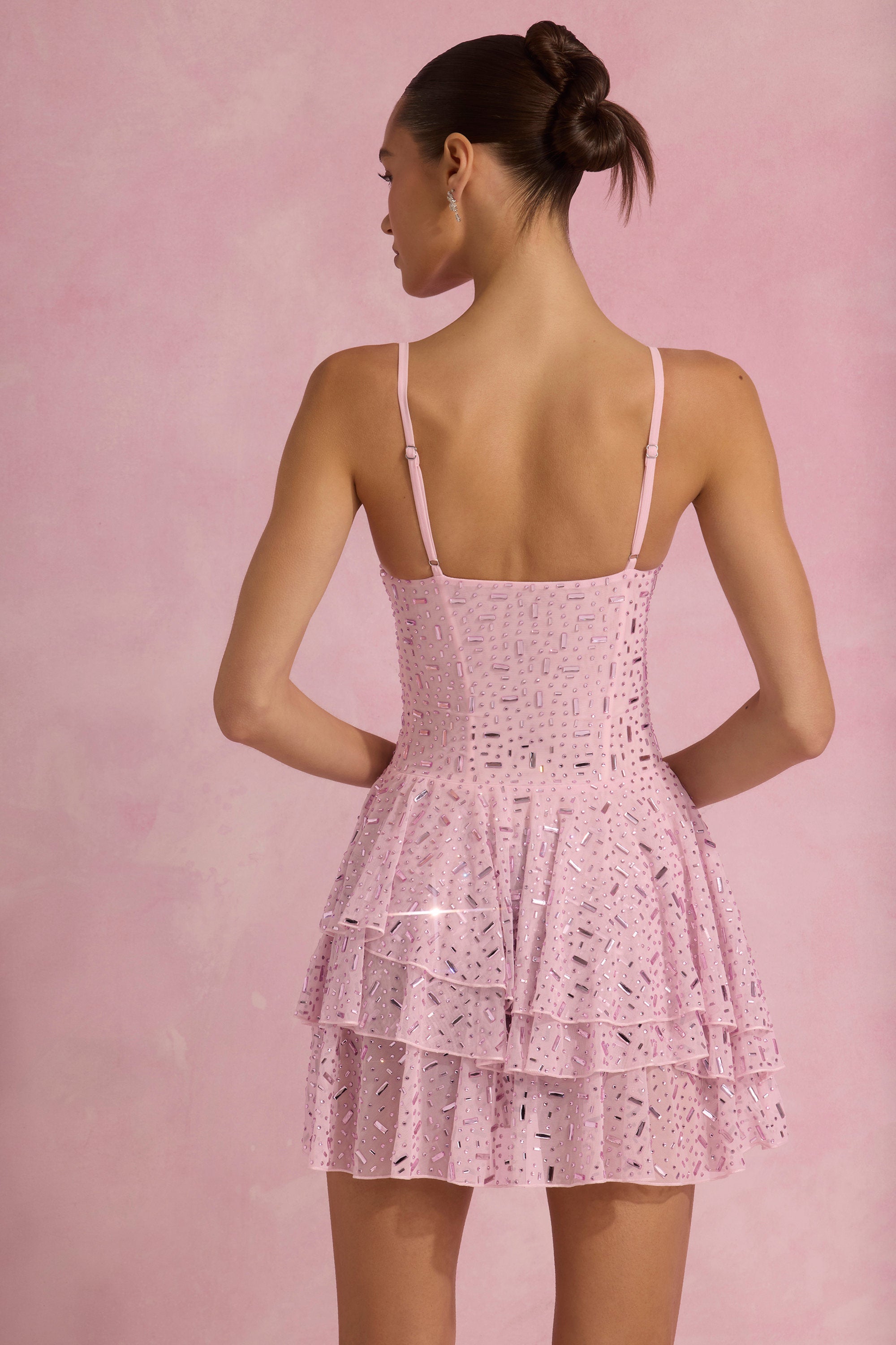 Orren Embellished Ruffled Tiered Mini Dress in Pink | Oh Polly