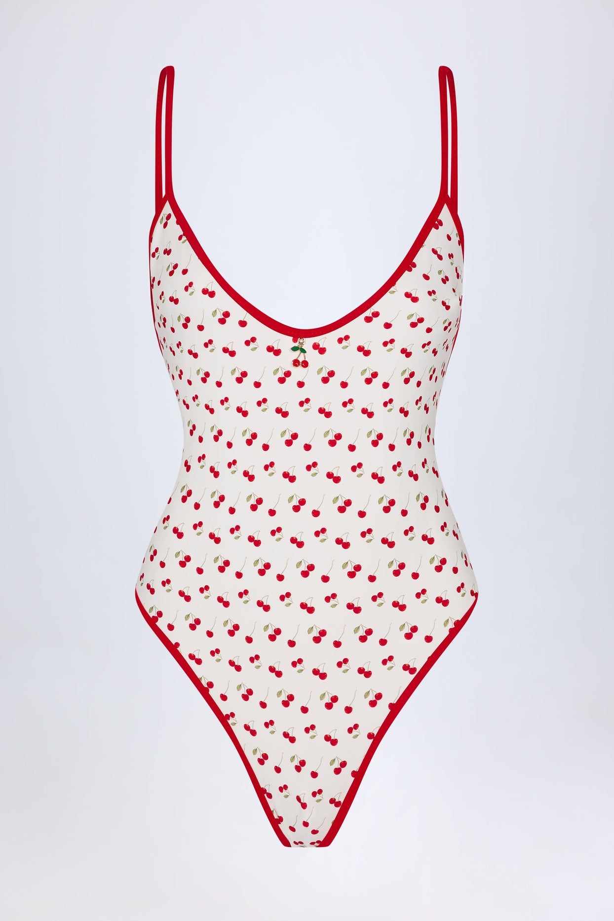 Charm-Detail Cross-Back Swimsuit in Cherry Print