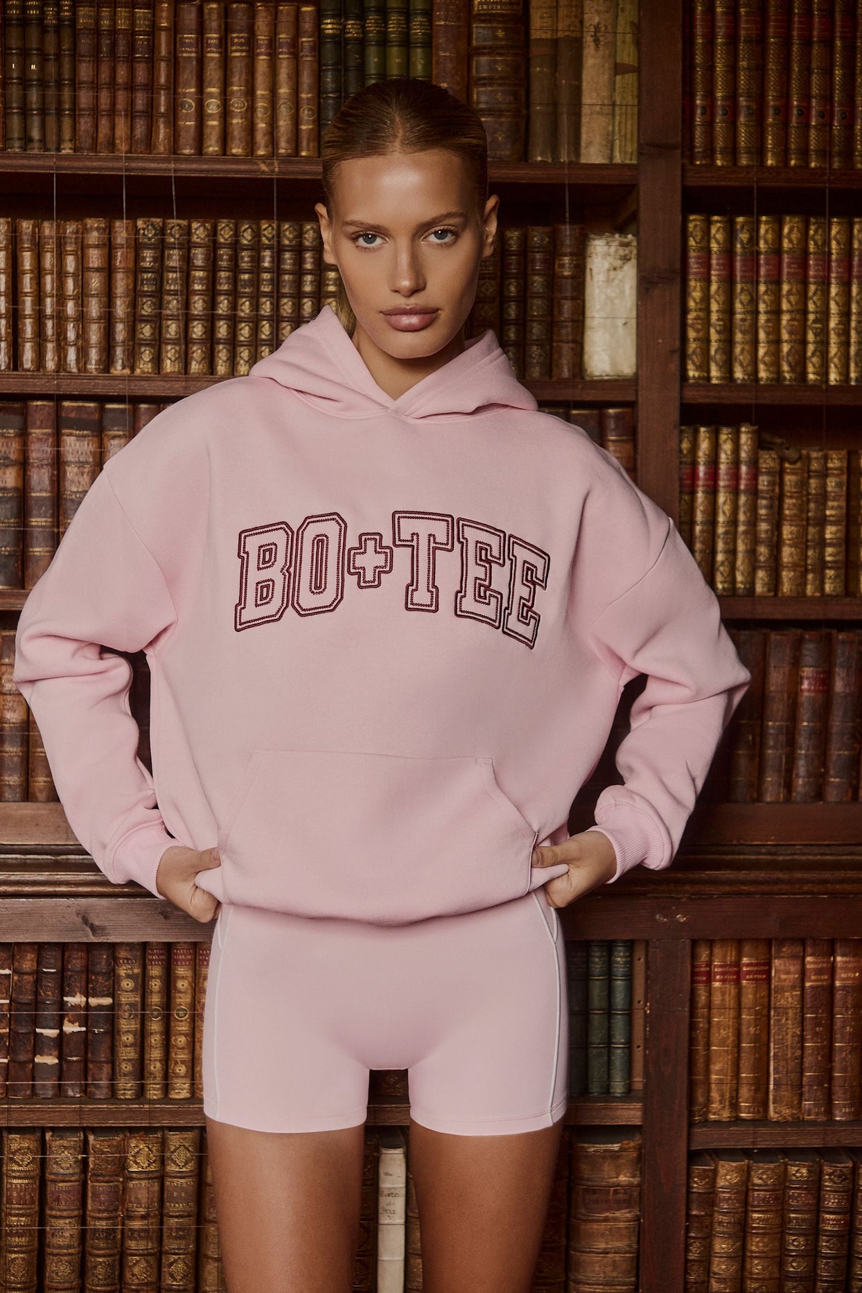 Oversized Appliqué Hoodie in Powder Pink