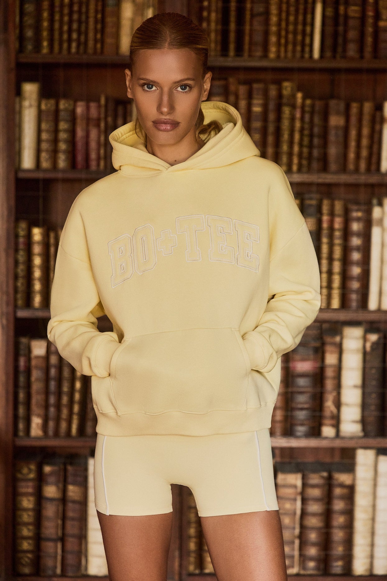 Oversized Appliqué Hoodie in Soft Yellow