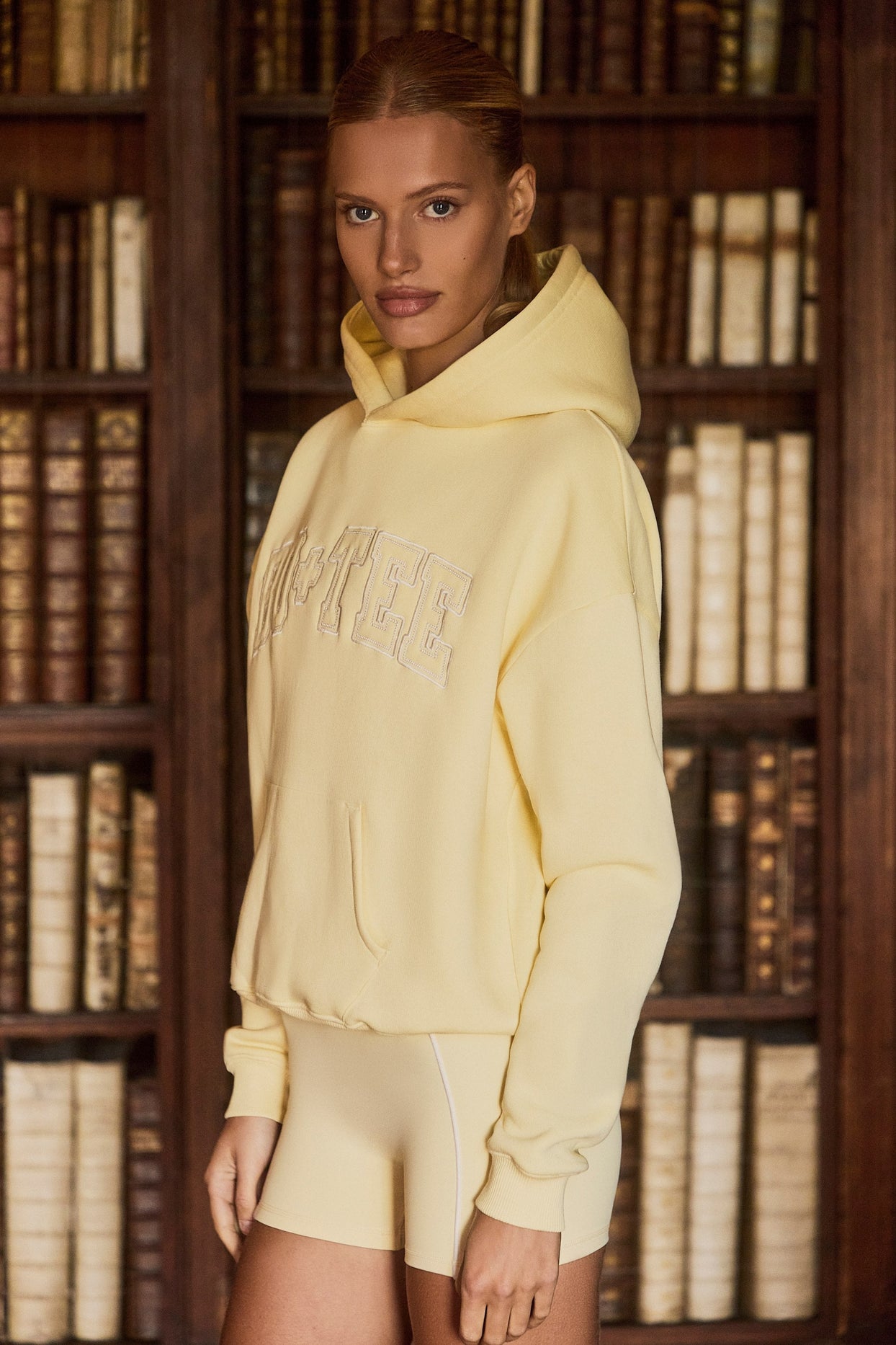 Oversized Appliqué Hoodie in Soft Yellow
