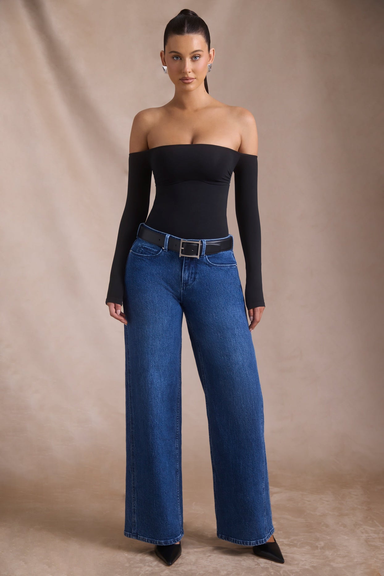 Seamless Off-Shoulder Long-Sleeve Bodysuit in Black