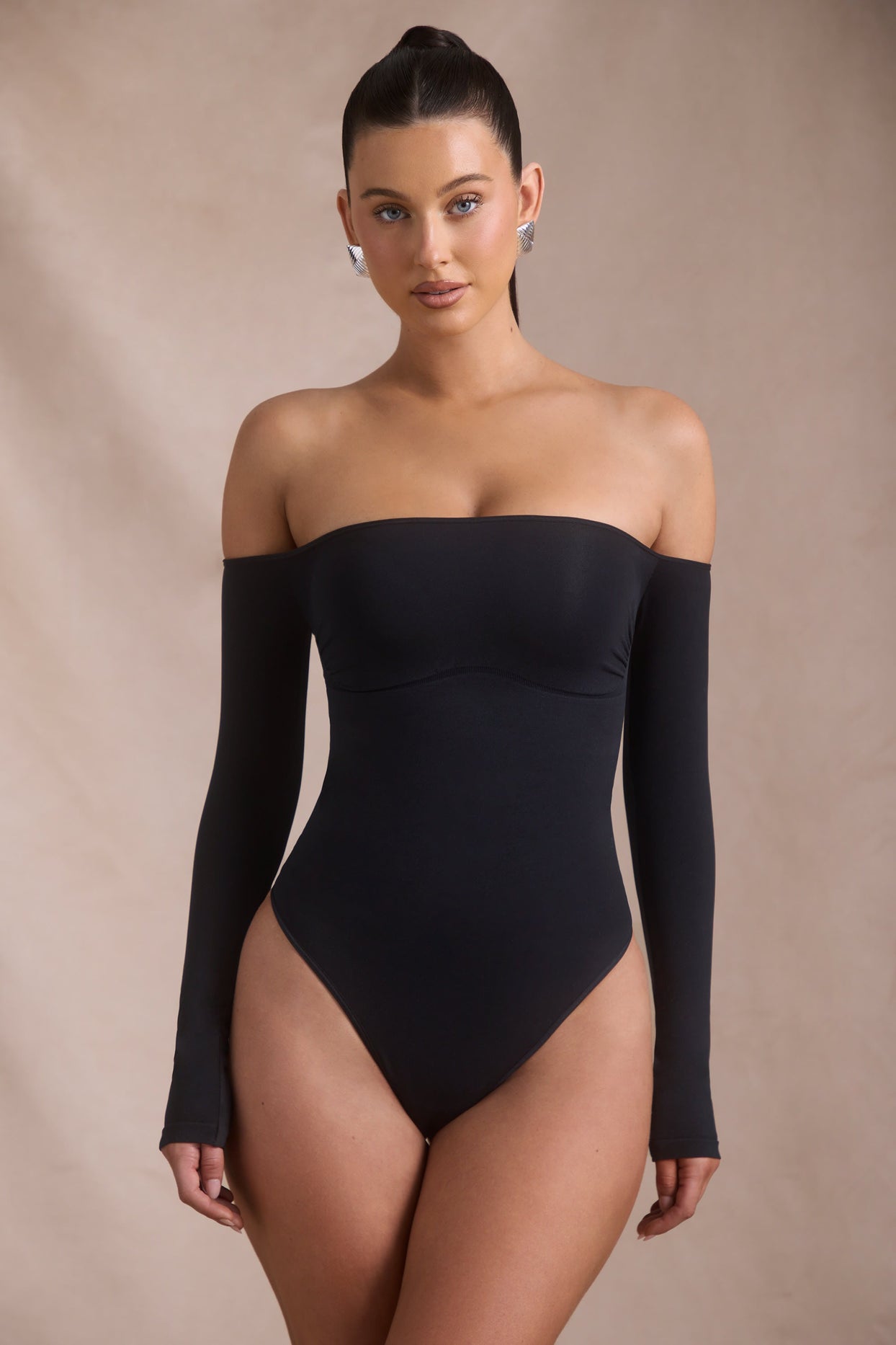 Seamless Off-Shoulder Long-Sleeve Bodysuit in Black