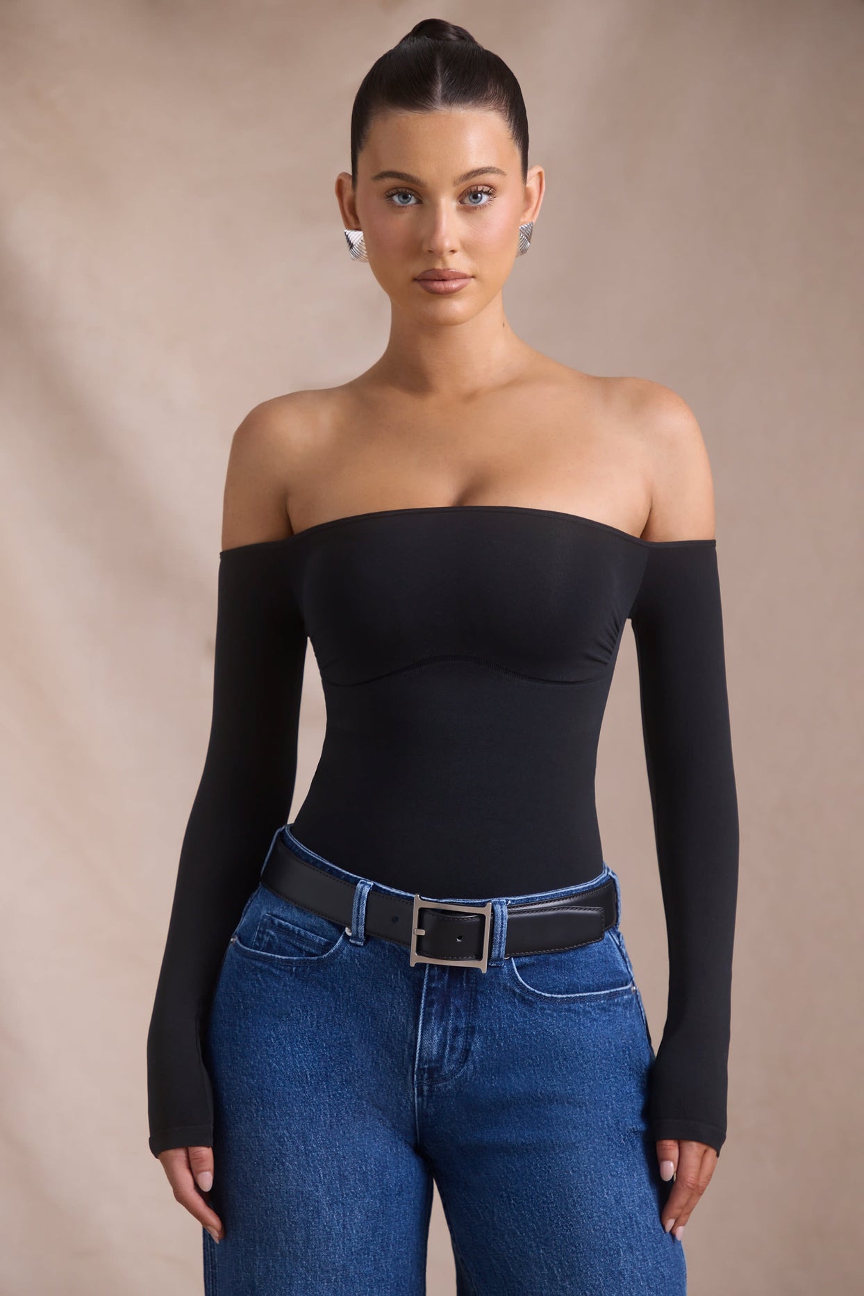 Seamless Off-Shoulder Long-Sleeve Bodysuit in Black