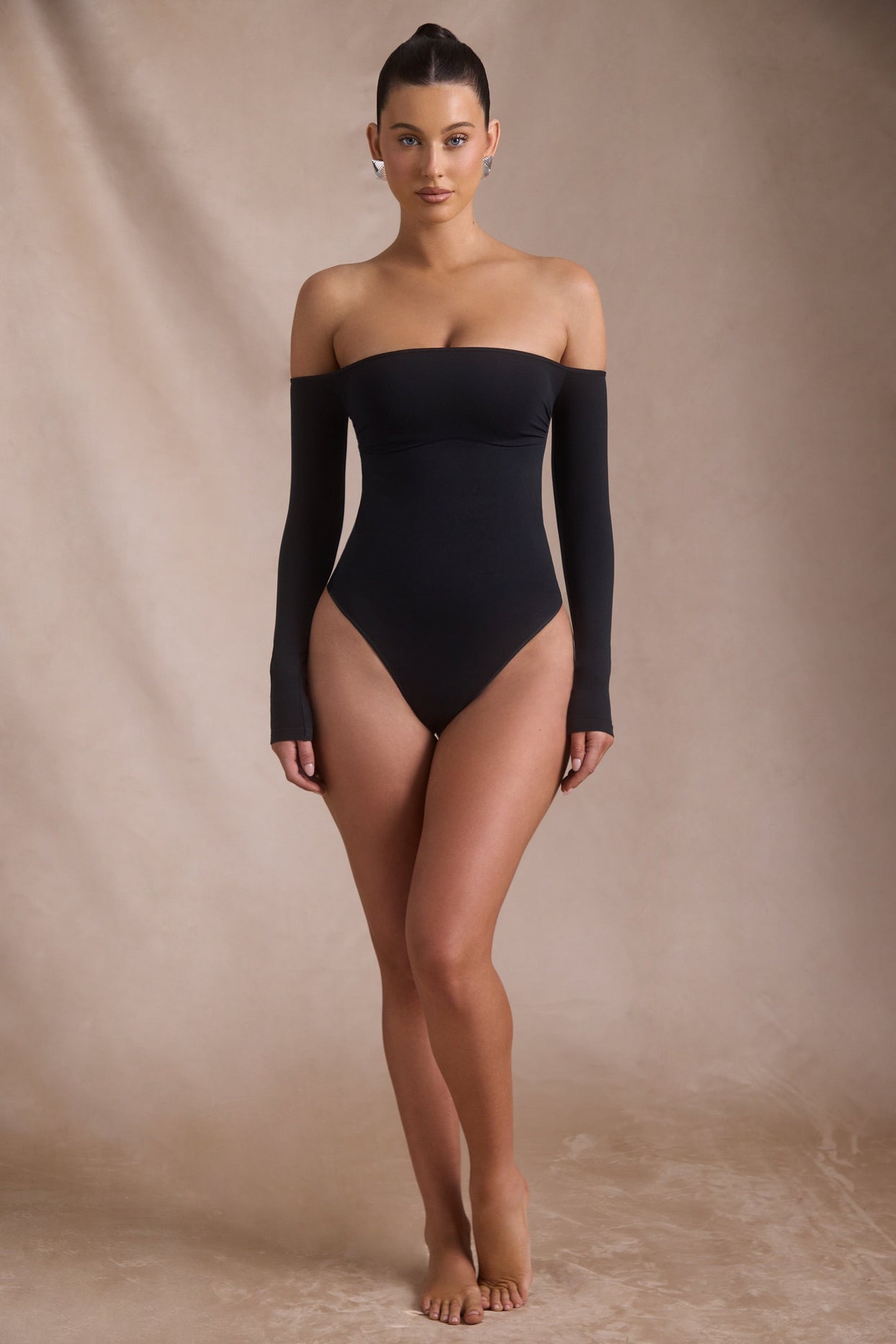 Seamless Off-Shoulder Long-Sleeve Bodysuit in Black