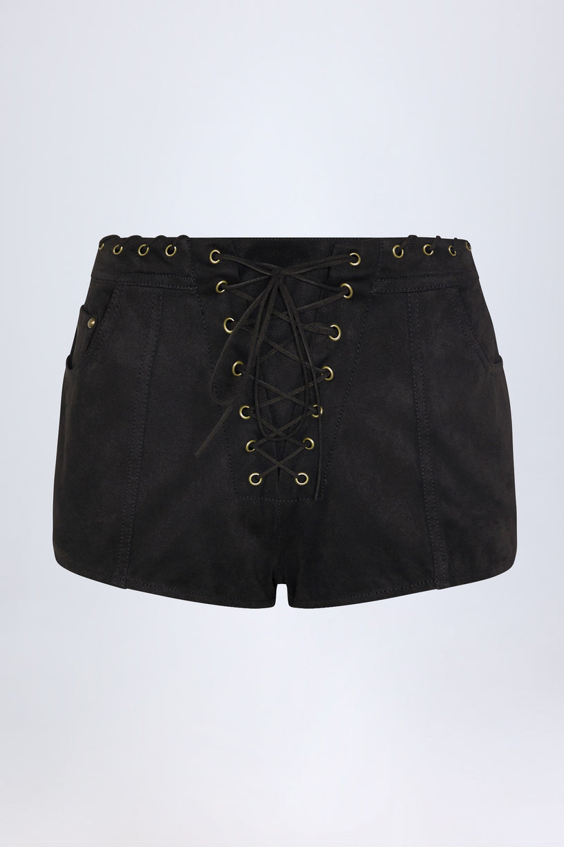 Lace-Up Mid-Rise Shorts in Black - 1