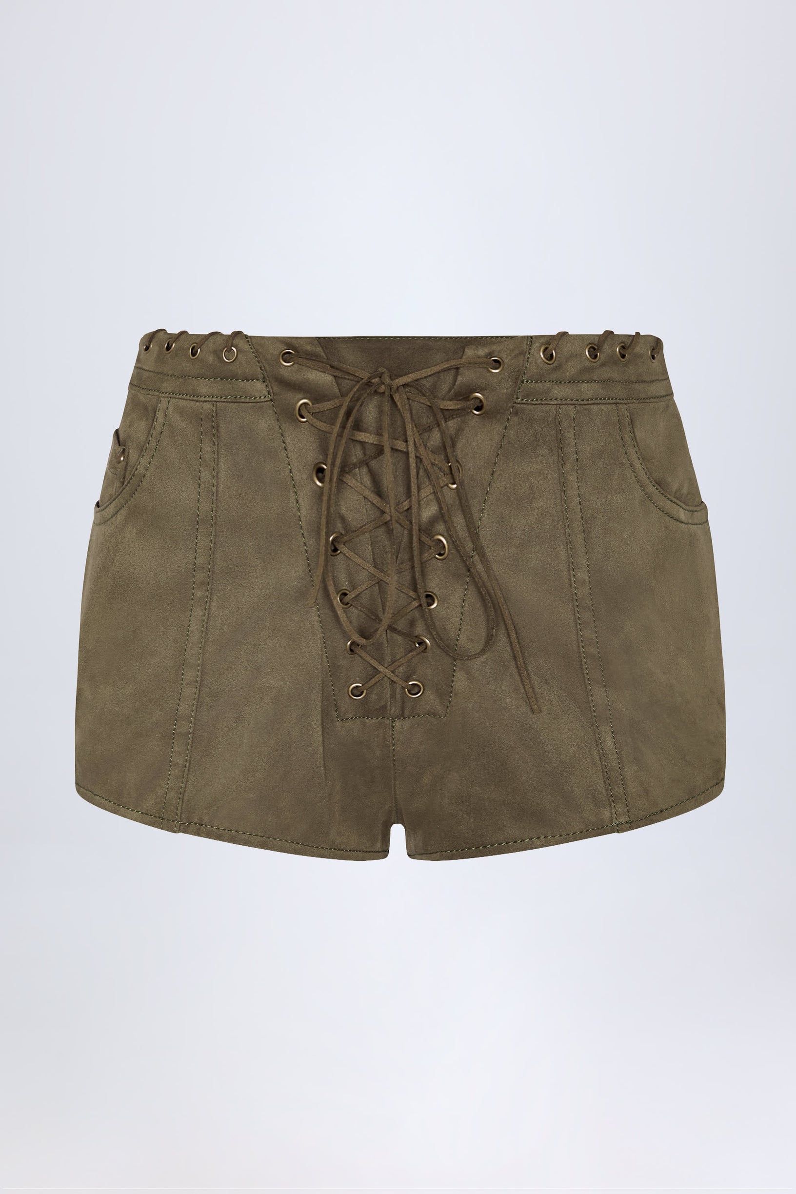 Lace-Up Mid-Rise Shorts in Dark Khaki - 1