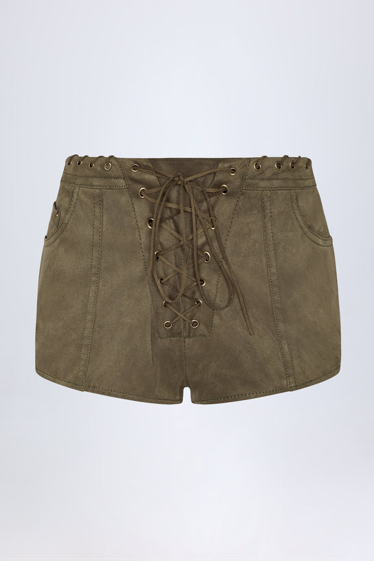 شورت متوسط ​​الارتفاع بأربطة باللون الكاكي الداكن