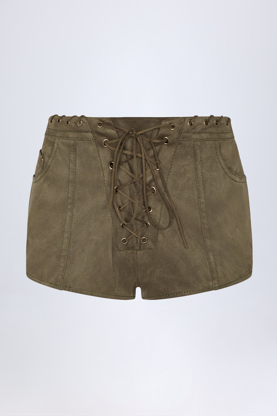 Lace-Up Mid-Rise Shorts in Dark Khaki