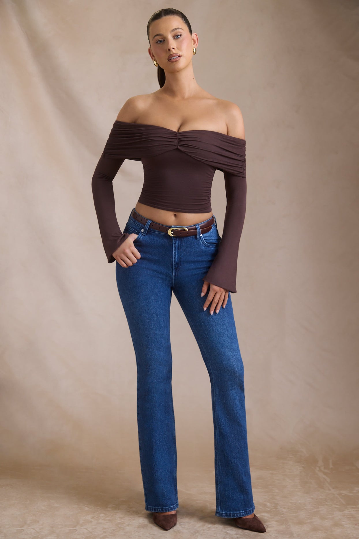 Modal-Cashmere Blend Off-Shoulder Ruched Top in Espresso