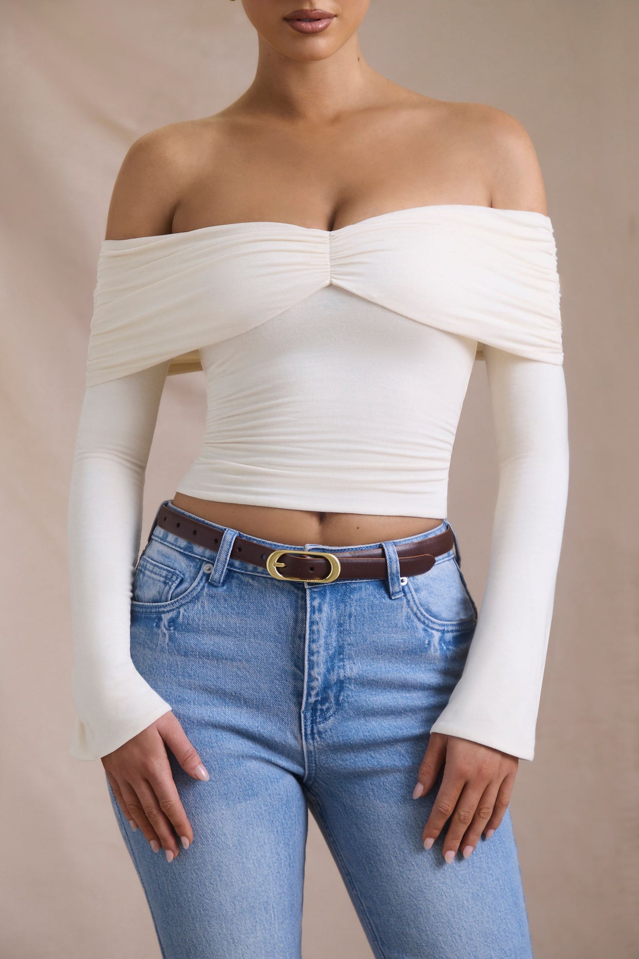 Modal-Cashmere Blend Off-Shoulder Ruched Top in Ivory