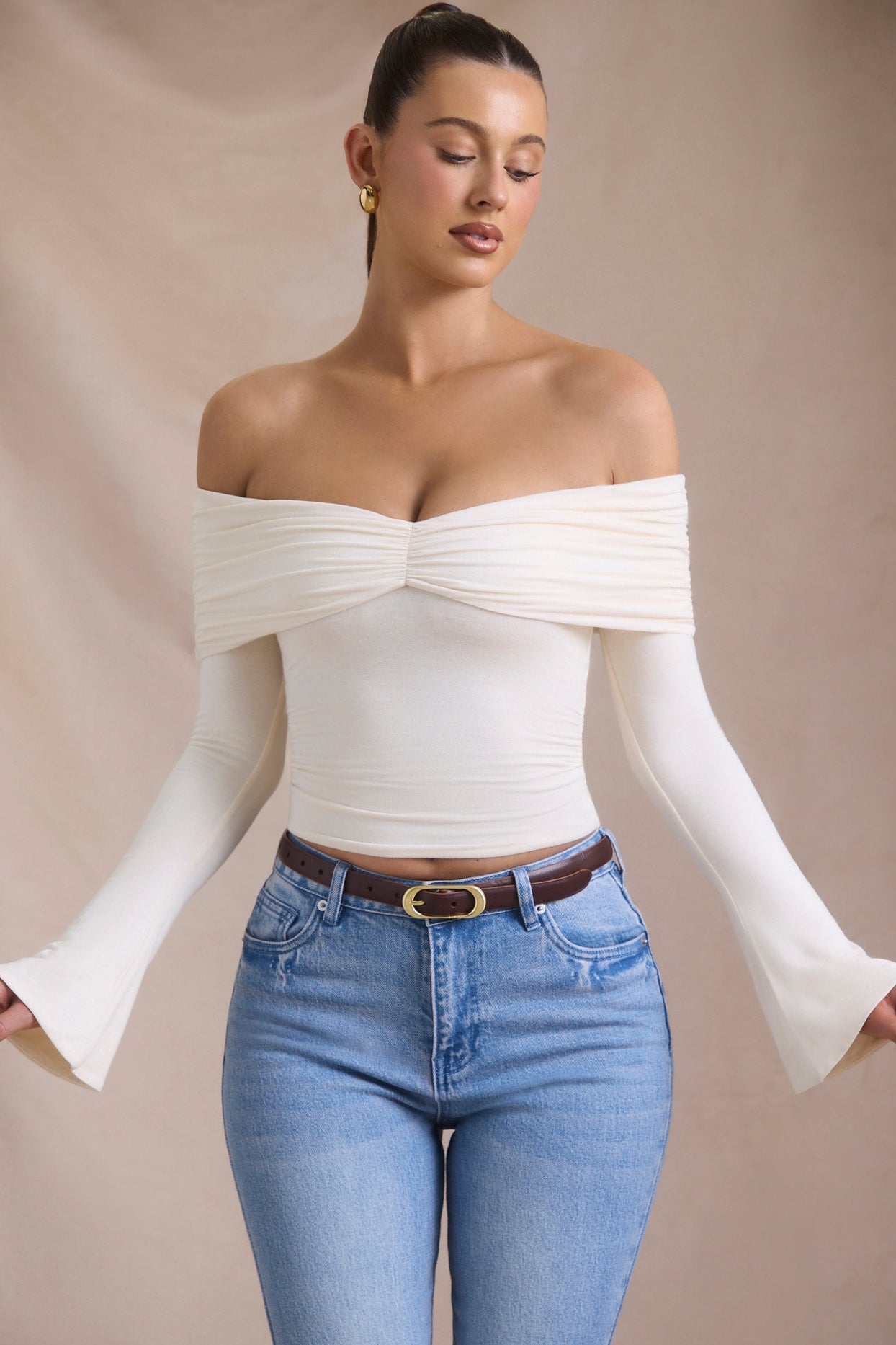 Modal-Cashmere Blend Off-Shoulder Ruched Top in Ivory