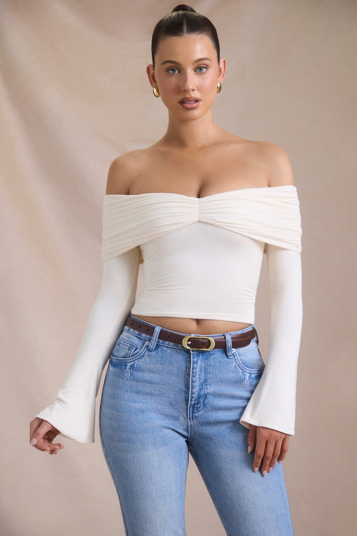 Modal-Cashmere Blend Off-Shoulder Ruched Top in Ivory