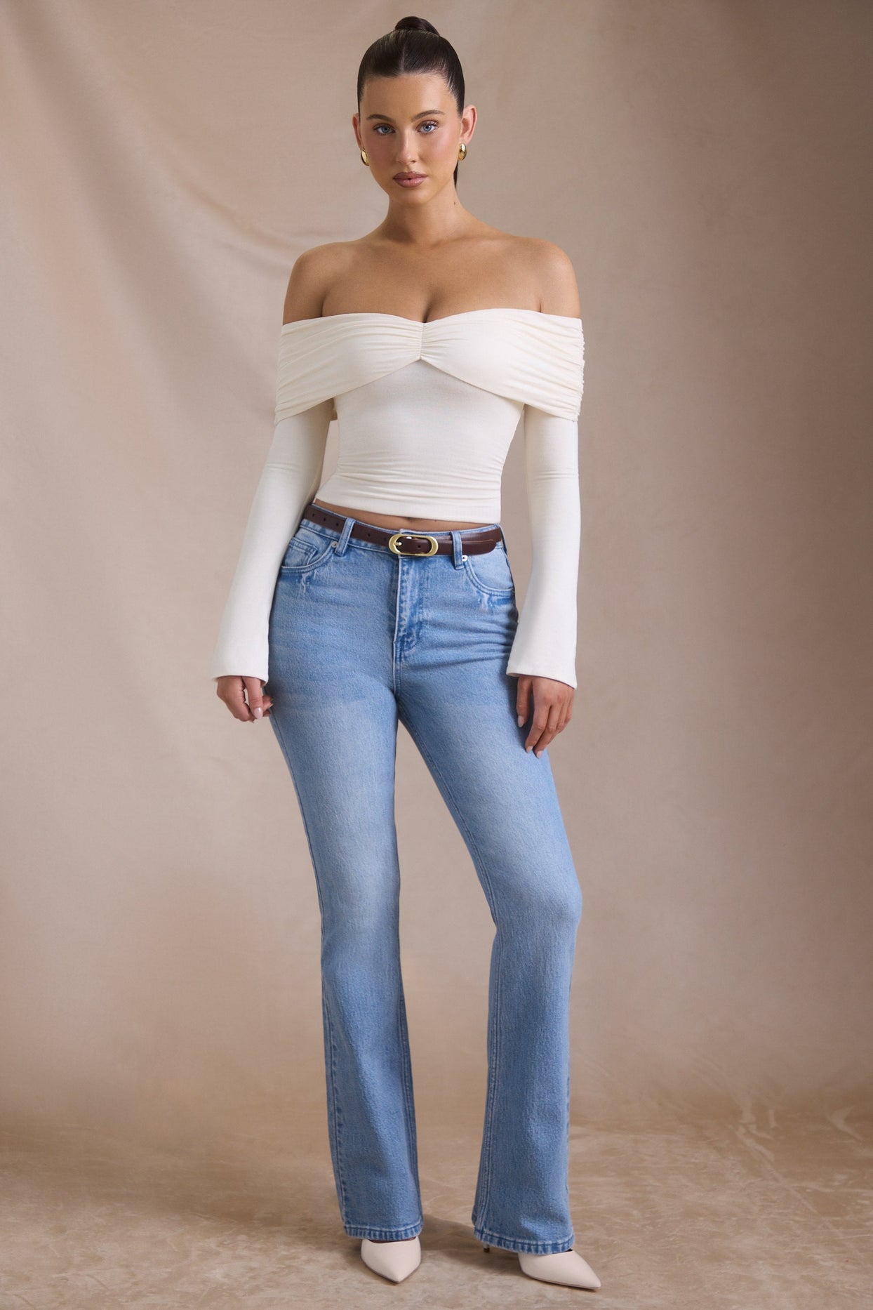 Modal-Cashmere Blend Off-Shoulder Ruched Top in Ivory