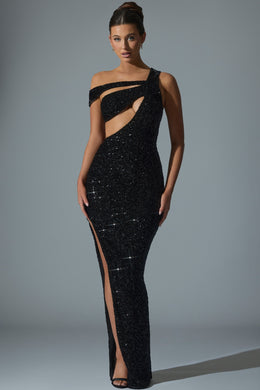 Embellished Asymmetric Cut-Out Gown in Black