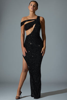 Embellished Asymmetric Cut-Out Gown in Black