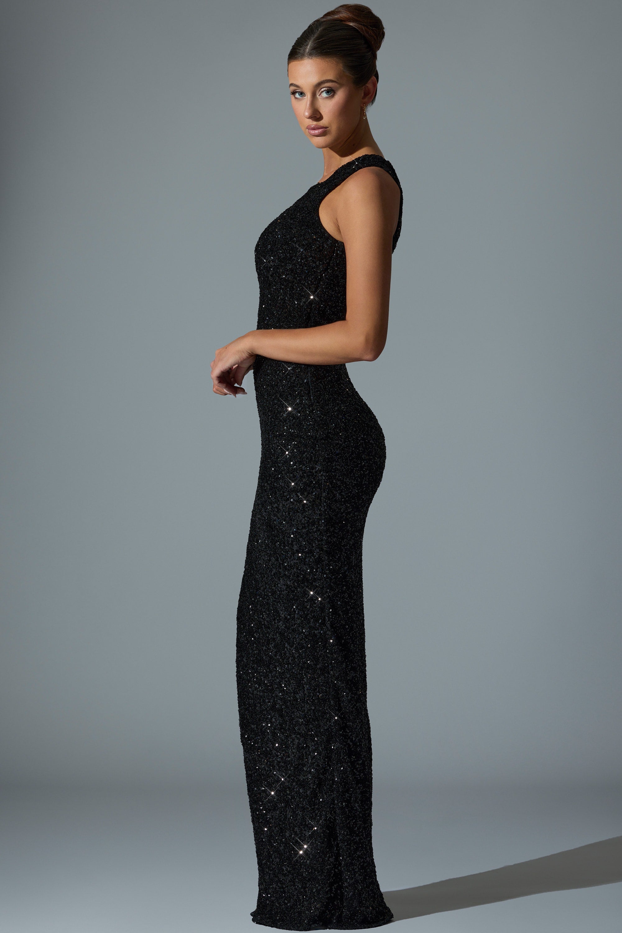 Embellished Asymmetric Cut-Out Gown in Black