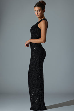 Embellished Asymmetric Cut-Out Gown in Black