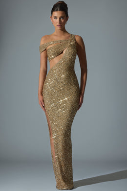 Embellished Asymmetric Cut-Out Gown in Gold