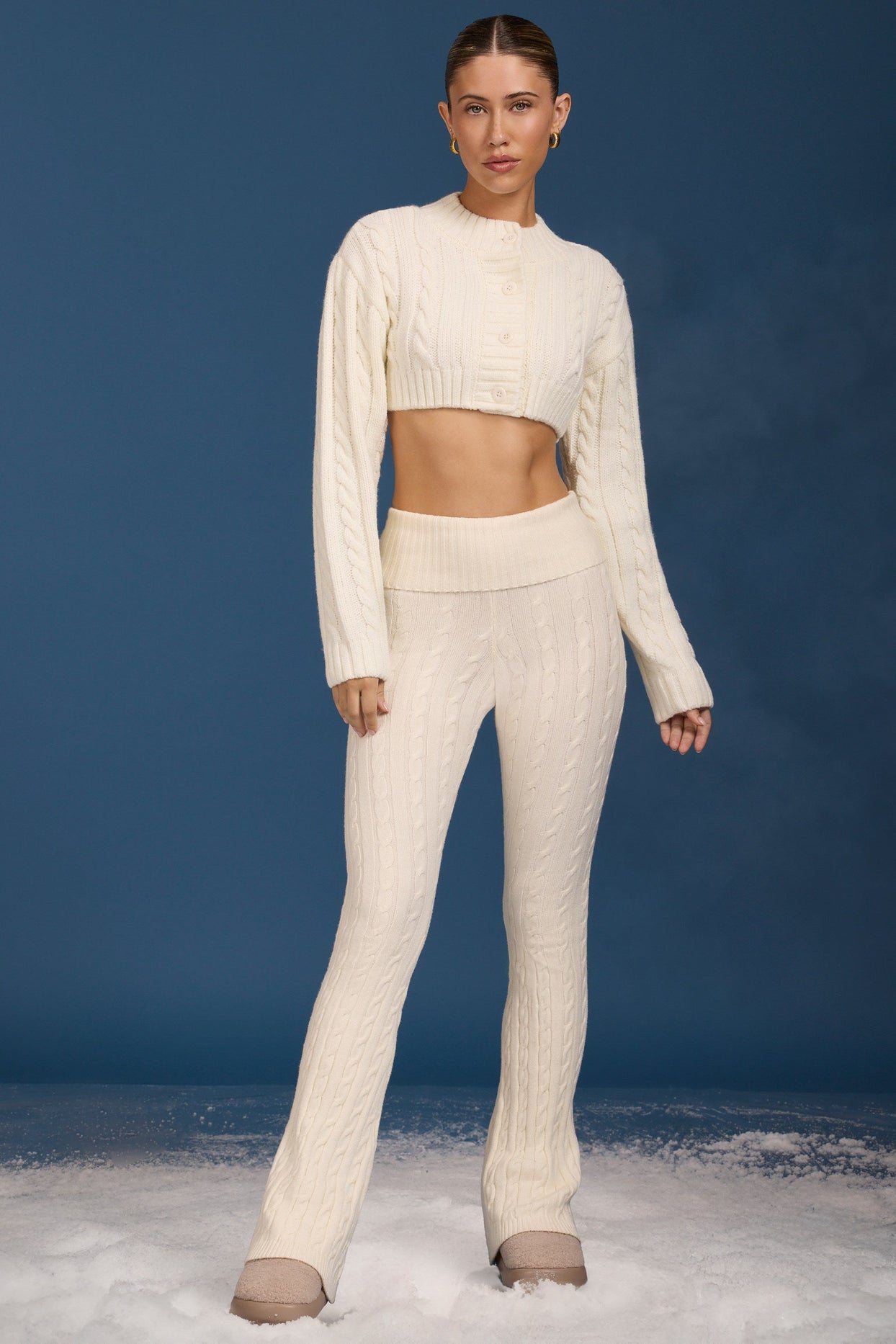 Petite Cable-Knit Flared Trousers in Cream