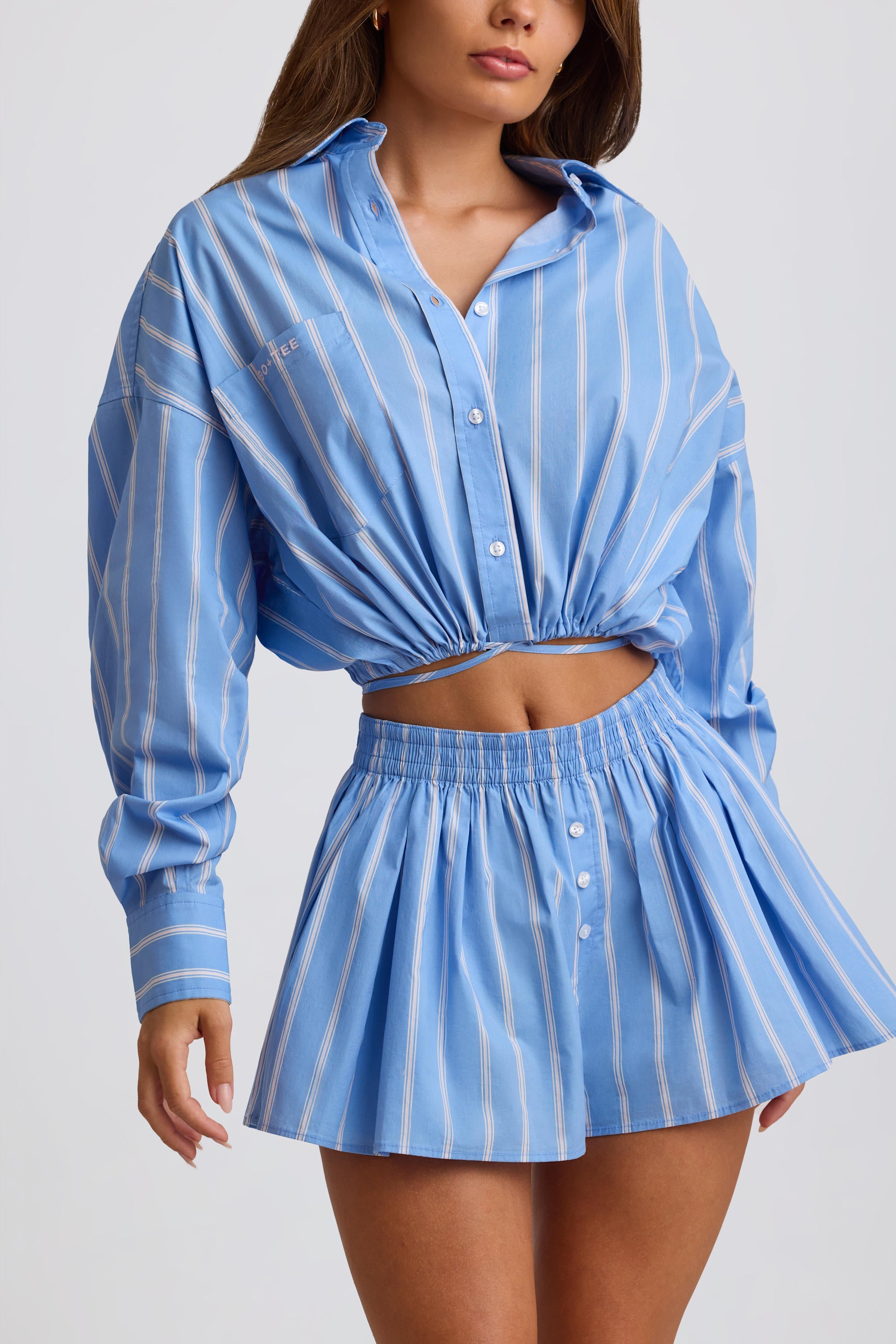 Cotton Poplin Stripe Pleated Shorts in Blue Stripe