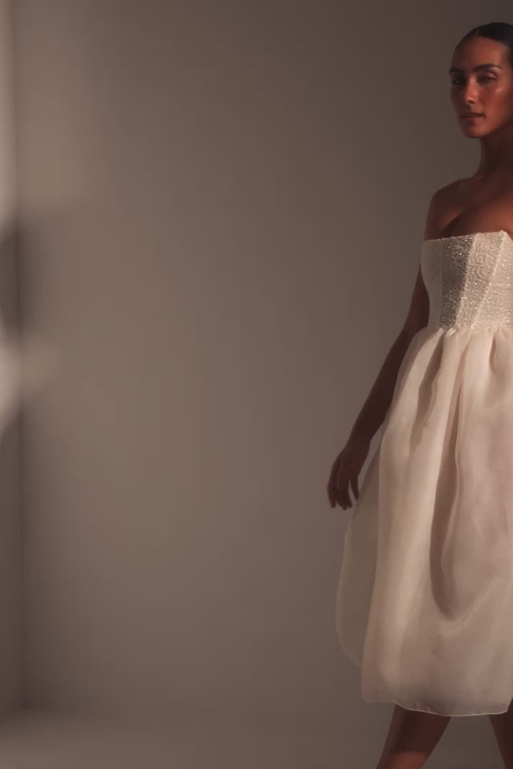 Rosette Embellished Corset Tulle Skirt Midi Dress in Ivory