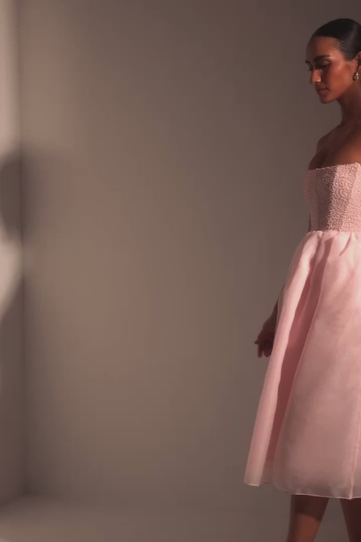 Rosette Embellished Corset Tulle Skirt Midi Dress in Blush