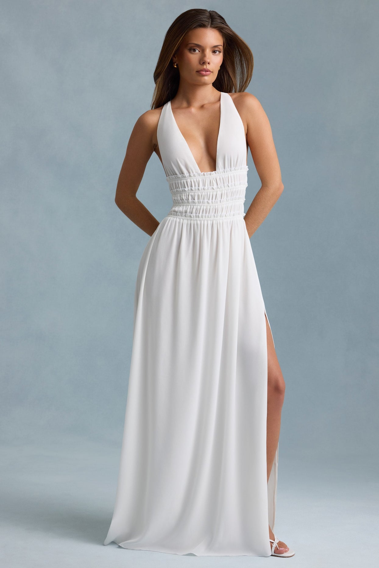Plunge Cross-Back Maxi Dress in White