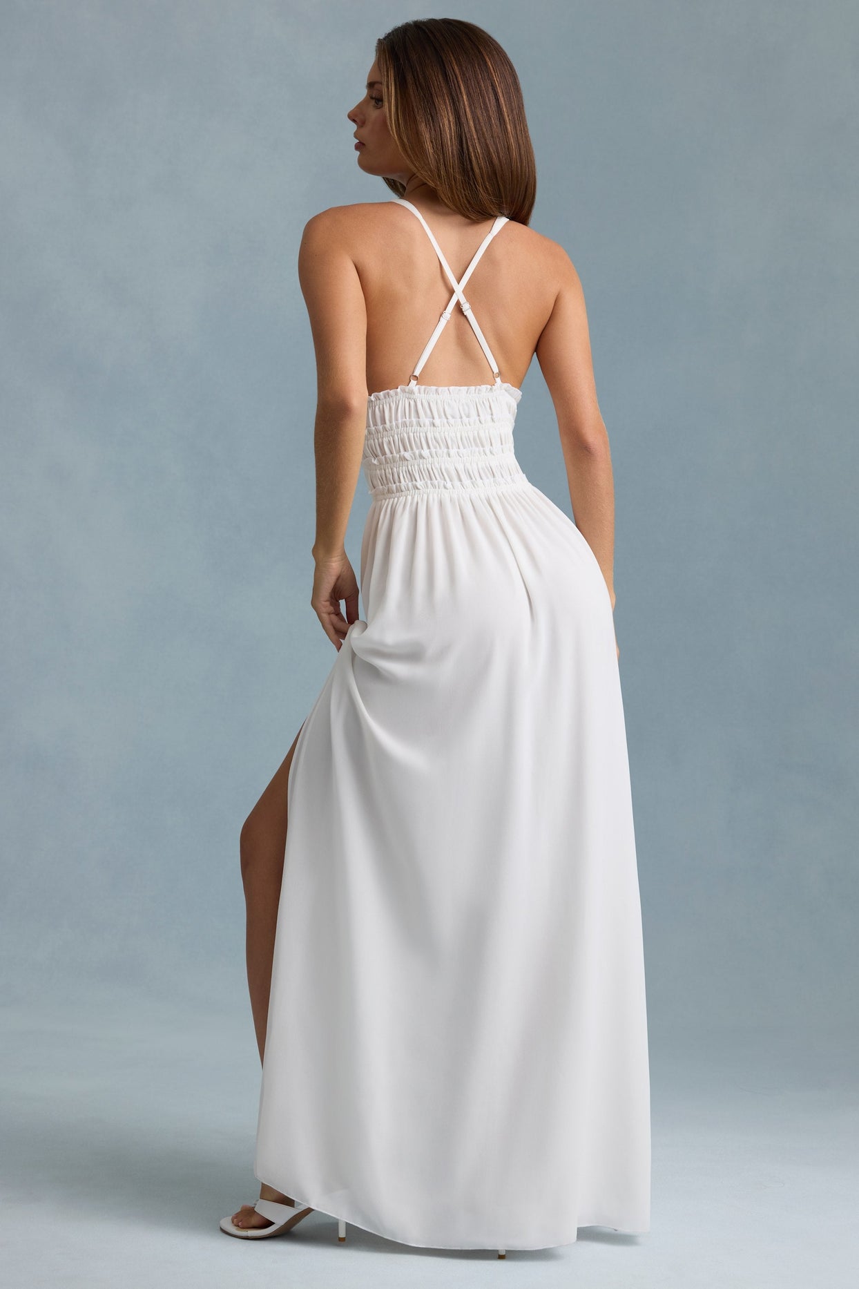 Plunge Cross-Back Maxi Dress in White