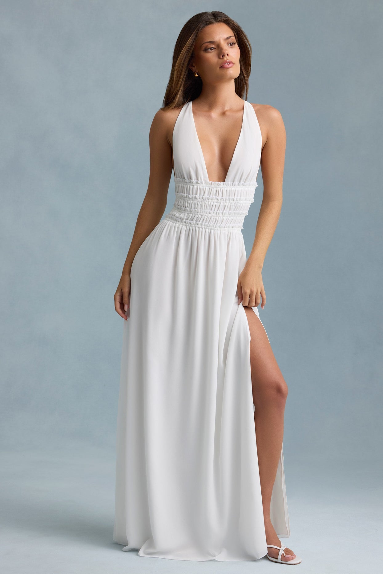 Plunge Cross-Back Maxi Dress in White