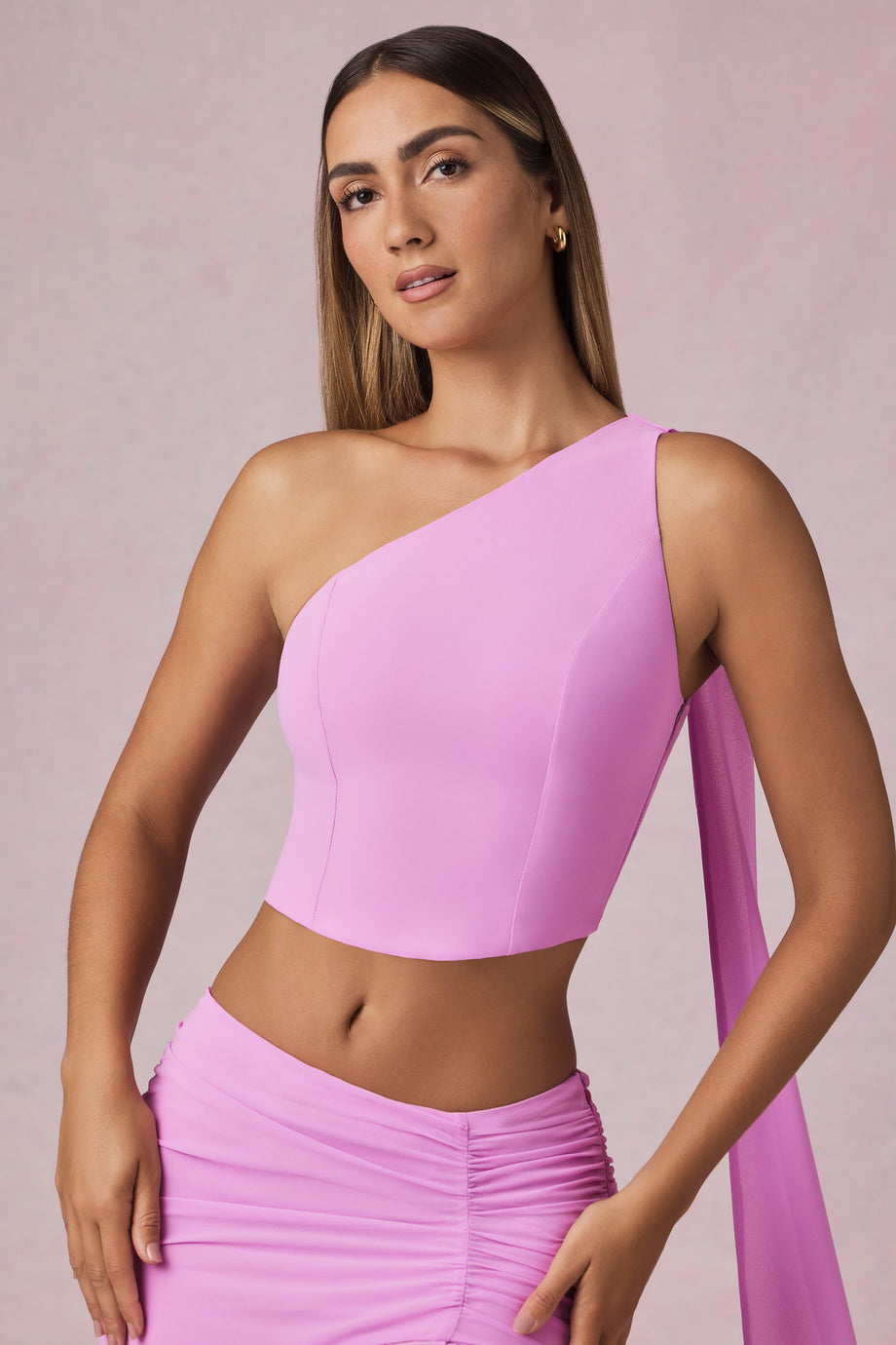 Scarf-Detail One-Shoulder Top in Pink Orchid