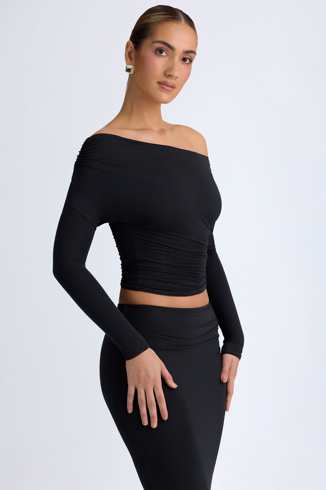 Modal One-Shoulder Ruched Top in Black